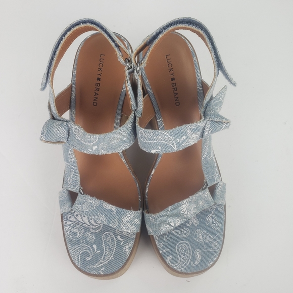 Lucky Brand Demmia wedge platform wood sandal shoe strappy printed denim new 9 - Picture 5 of 10